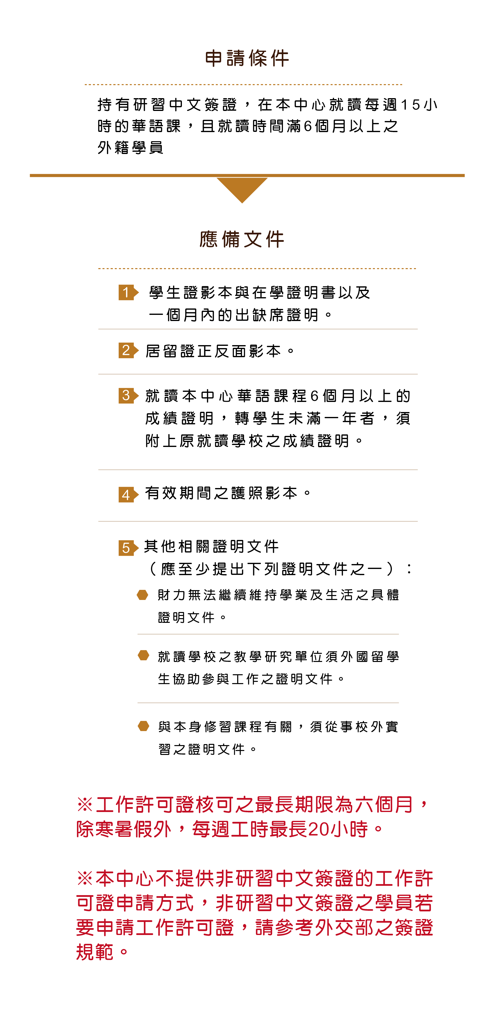 申請工作許可證的學員資格為在本中心就讀每週15小時的華語課，且就讀時間滿6個月以上之外籍學員，應備文件 1.學生證影本、在學證明書以及近一個月內的出缺席紀錄。 2.居留證正反面影本 3.就讀本中心華語課程6個月以上的成績證明，轉學生未滿一年者，須附上原就讀學校之成績證明。 4.有效期間之護照影本 5.其他相關證明文件（ 應至少提出下列證明文件之一） ：    I.財力無法繼續維持學業及生活之具體證明文件。    II.就讀學校之教學研究單位須外國留學生協助參與工作之證明文件。    III.與本身修習課程有關， 須從事校外實習之證明文件。 外國留學生符合下列資格之一者，不受前項規定之限制： 1.具特殊語文專長，並經教育部專案核准，入學後得於各大專校院附設  語文中心或外國在華文教機構附設之語文中心兼任外國語文教師。 2.就讀研究所，並經就讀學校同意從事與修習課業有關之研究工作。工作許可證核可之最長期限為6個月，除寒暑假外，每週工作時數最長20小時。